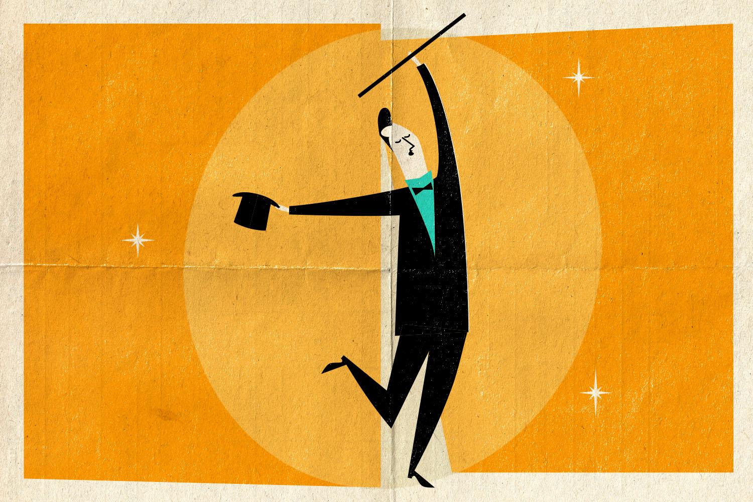 A stylized illustration of a man in a suit and bow tie dancing with a cane in one hand and holding a top hat in the other, set against an orange background with stars and a spotlight effect.