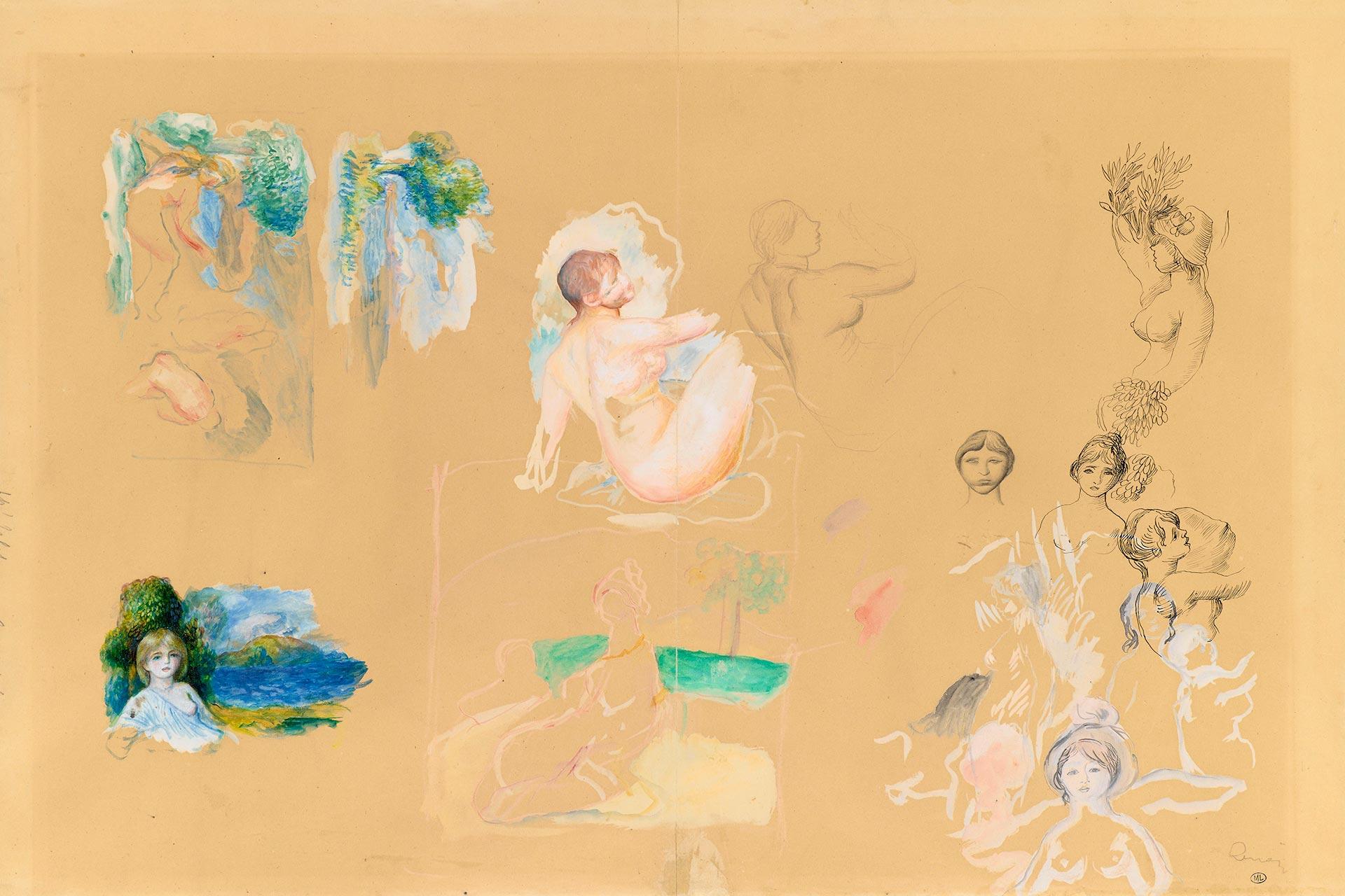 A beige canvas featuring multiple incomplete and overlapping sketches and paintings of women, some nude, with soft, pastel colors and delicate lines, alongside small landscapes and faces in various poses and expressions.