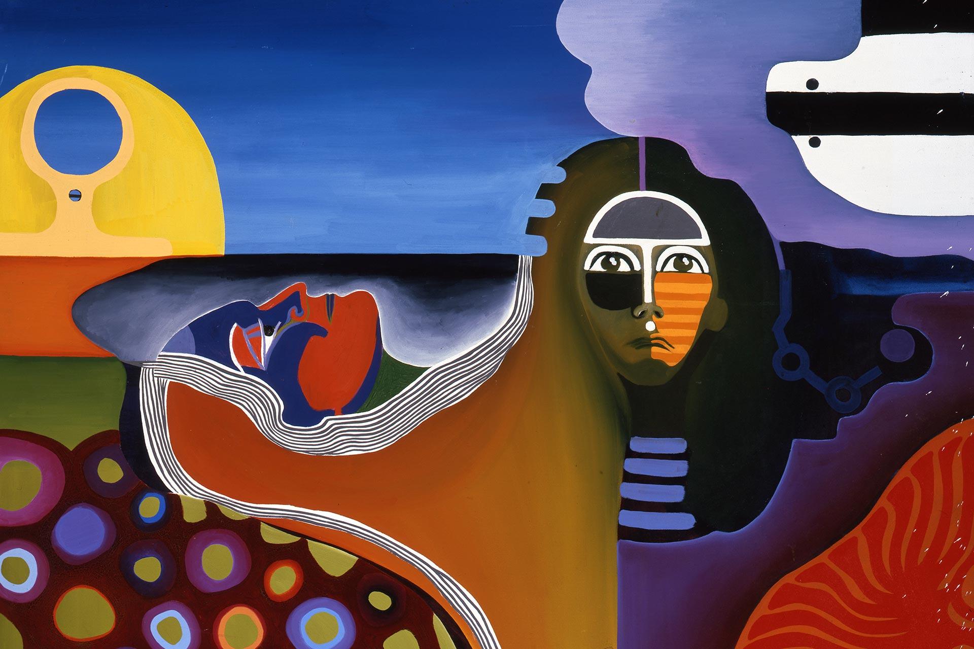 Abstract painting with vivid colors featuring a face with black and white markings, a bright yellow sun-like shape, a red figure lying down, looping lines, and bold geometric shapes on a surreal landscape background.