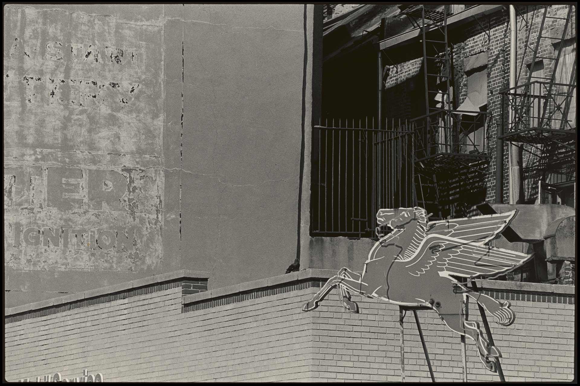 A black-and-white photo of a brick building with a vintage Pegasus sign on top and a faded advertisement on the wall in the background. Fire escapes and railings are visible on the adjacent building.