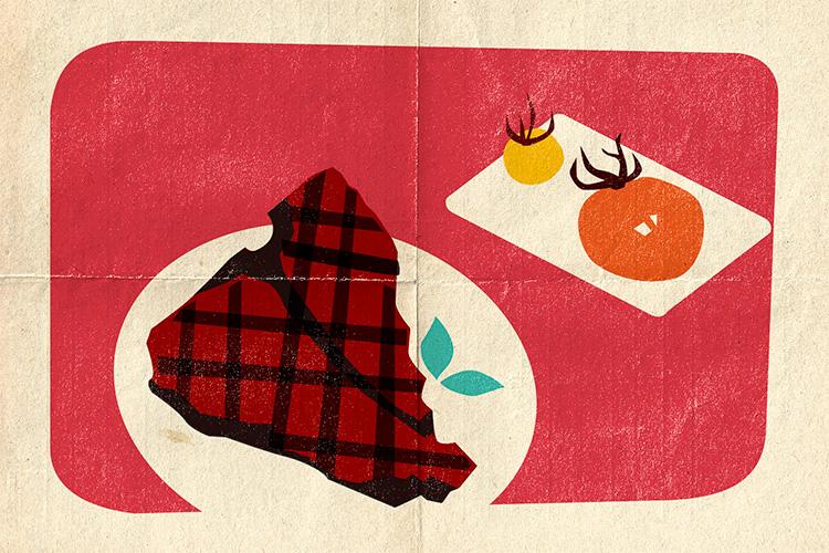 A stylized illustration of a plaid-patterned steak on a plate with two leaves, next to a cutting board holding a yellow and an orange tomato, all on a red background.