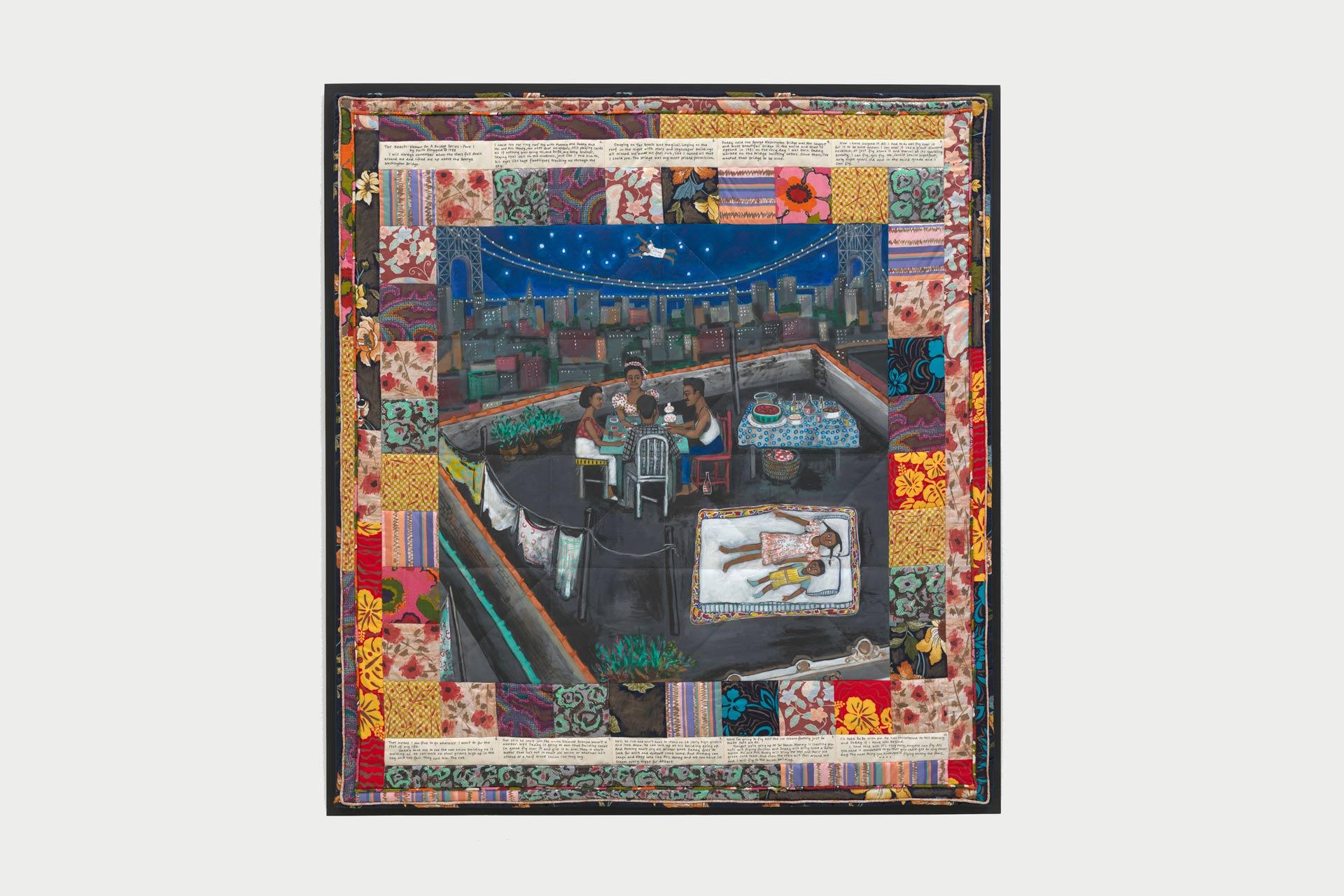 A colorful artwork depicts people dining on a rooftop under string lights, with a city skyline in the background. The scene is framed by vibrant patchwork fabric patterns.